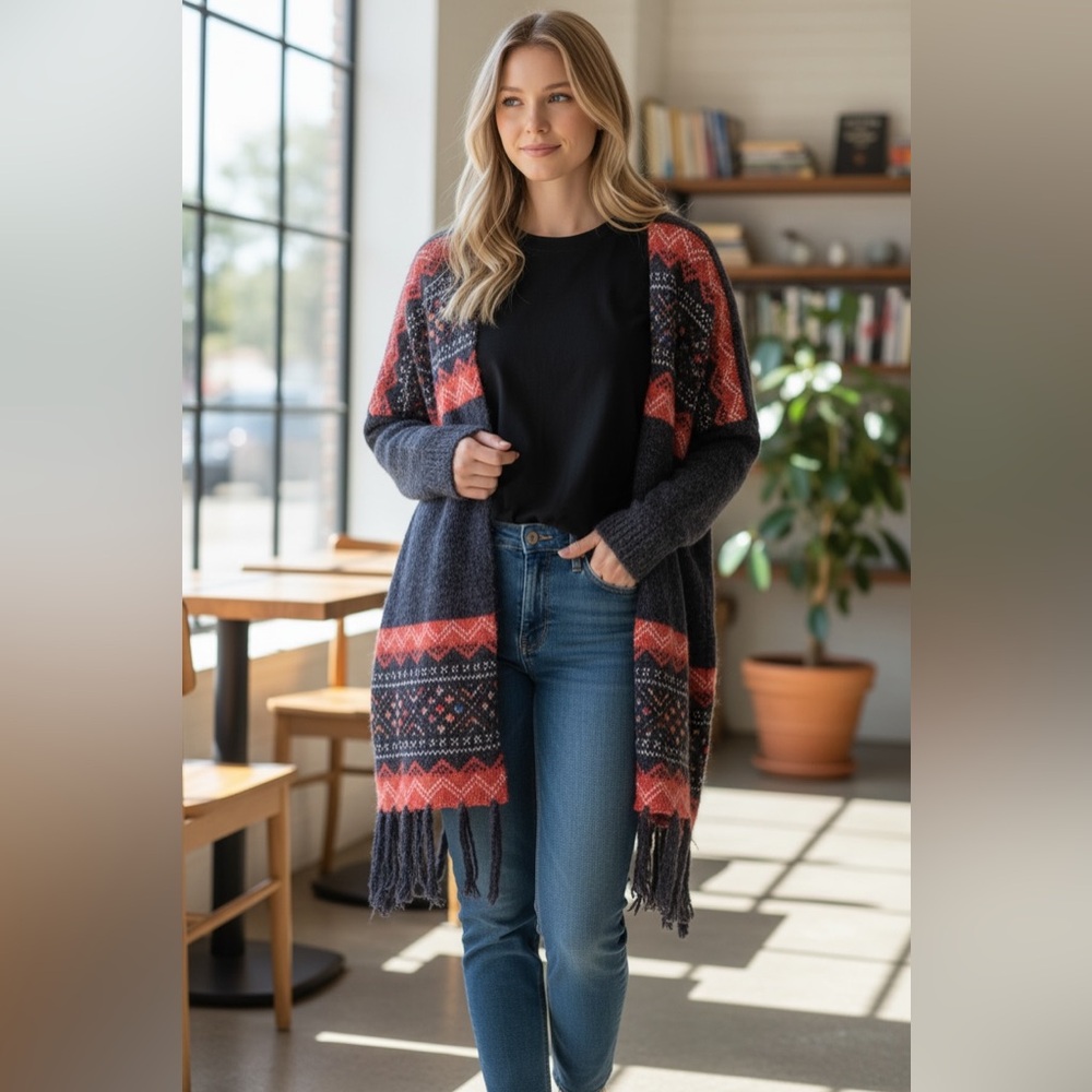 55% Cotton, shawl, open front, long sleeve, Cardigan, Small/Medium, western